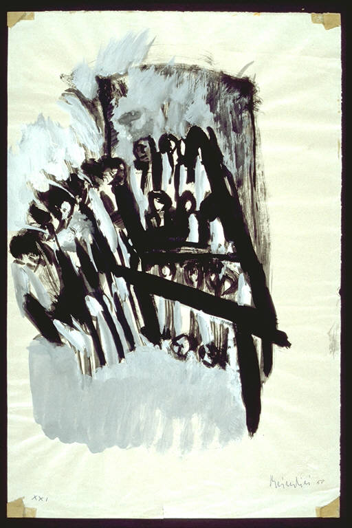 Disegno, Elementi segnici neri, nei quali è possibile identificare stilizzate figure umane, ammassate su due livelli Ambientazione grigio-azzurra (disegno) di Brindisi, Remo (terzo quarto sec. XX)