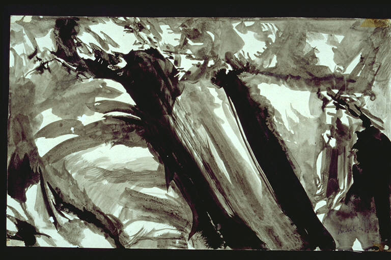 Tre uomini muro, Due larghe campiture nere si slanciano dal basso ,obliquamente, verso l'alto; il fondo è caratterizzato da segni larghi e convlsi, di color grigio (disegno) di Brindisi, Remo (terzo quarto sec. XX)