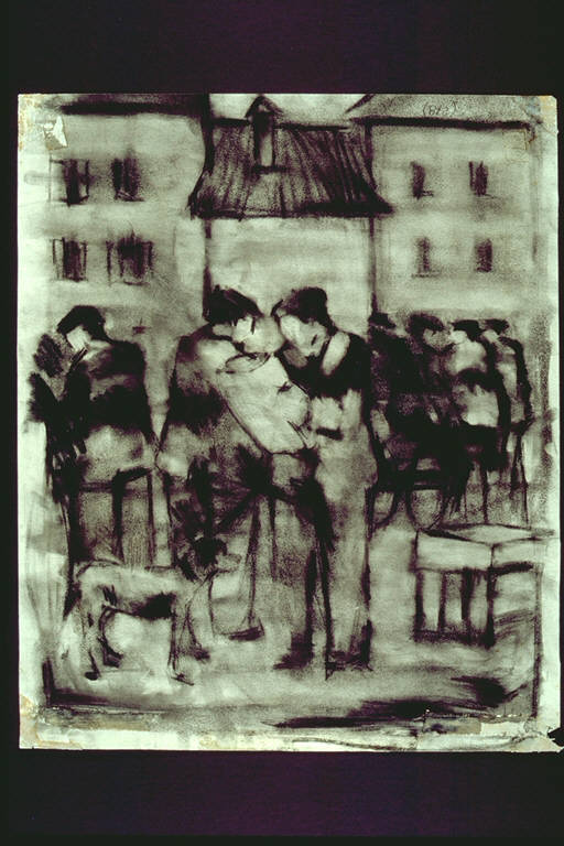 Figure che si incontrano in una piazza (disegno) di Moneta, Ferdinando (terzo quarto sec. XX)
