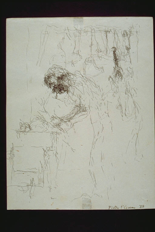 Il macellaio, Figura maschile taglia la carne appoggiato ad un tavolo (disegno) di Plescan, Pietro (terzo quarto sec. XX)