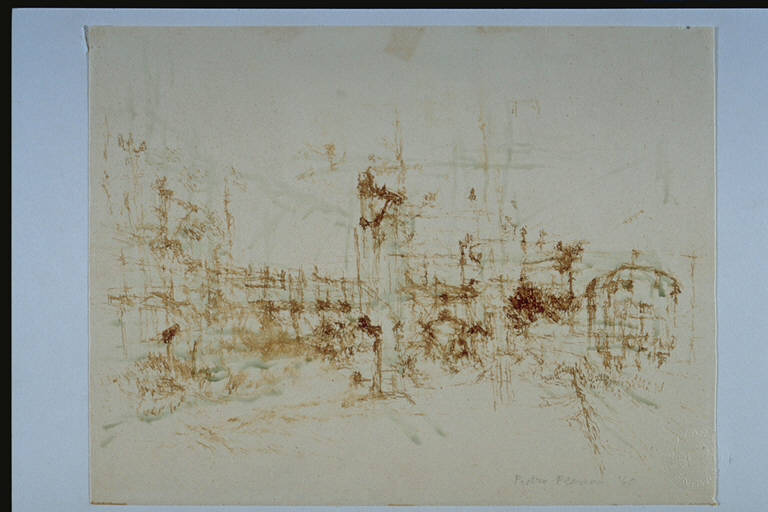 Scalo merci, Veduta di complesso industriale; a destra un treno (disegno) di Plescan, Pietro (terzo quarto sec. XX)