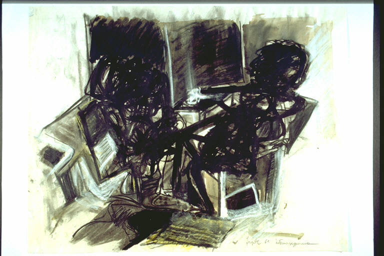 Interno soggiorno, Interno con figura seduta (disegno) di Forgioli, Attilio (terzo quarto sec. XX)