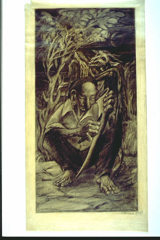 Falciatore, Figura maschile seduta in un bosco metre affila la sua falce (disegno) di Strada, Nino (terzo quarto sec. XX)