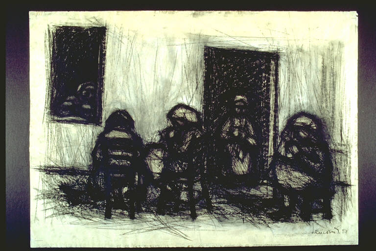 Donne che cuciono, Quattro figure femminili sedute in esterno intente a cucire (disegno) di Tenconi, Sandra (terzo quarto sec. XX)