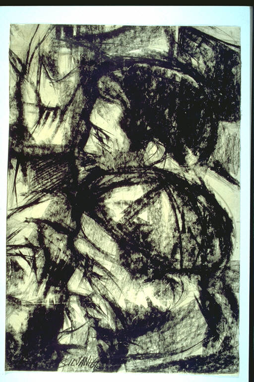 Riposo del muratore, Due teste maschili di profilo (disegno) di Silvani, Orio (terzo quarto sec. XX)