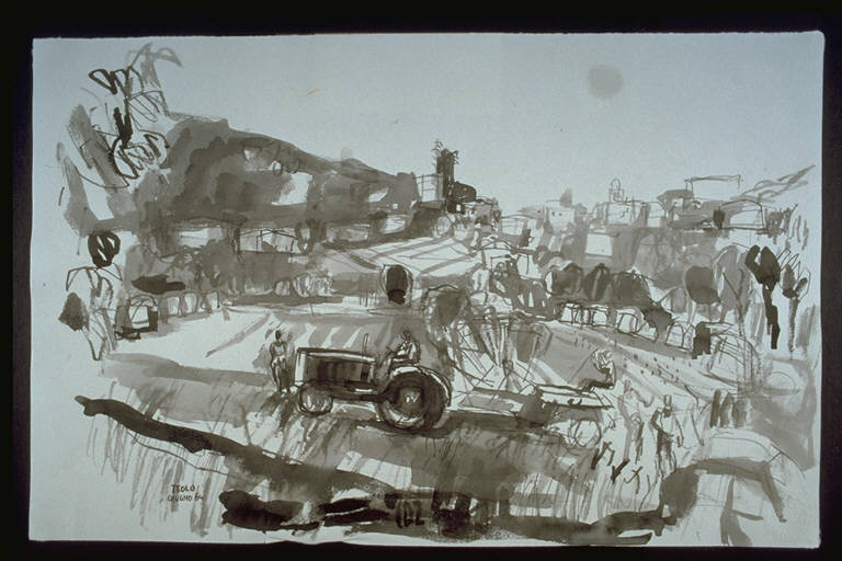 Mietitura in collina, Scena campestre con contadini e trattore (disegno) di Dalla, Zorza, Carlo (terzo quarto sec. XX)