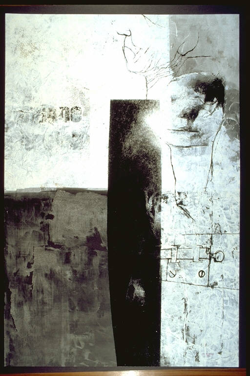 I braccianti, Tre campiture: una grigia, una nera ed una bianca In basso, un chiavistello (dipinto) di Scaringi, Ivo (terzo quarto sec. XX)