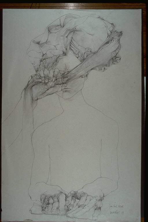 Jean Paul Marat, Figura a mezzobusto con drappo attorno alla testa àuna striscia di tessuto scende a viene stretto da un'altra mano (disegno) di Bec, Daniel (terzo quarto sec. XX)