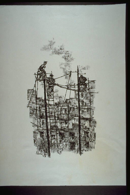 Racconto n°4, Tre operai al lavoro su tralicci elettrici Sfondo urbano (disegno) di Navarra, Silvio (terzo quarto sec. XX)