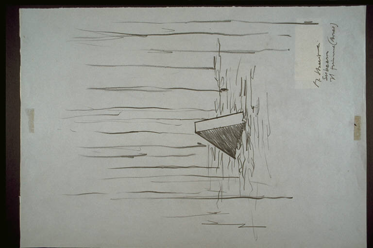 Progetto per scultura sul Po, Una punta fuoriesce dalle acque; lunghe fila cadono dall'alto (disegno) di Staccioli, Mauro (ultimo quarto sec. XX)