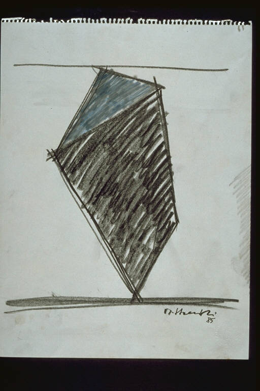 Studio, Elemento poligonale costituito da un trapezio campito con matita a carboncino e un triangolo campito con pastello blu (disegno) di Staccioli, Mauro (ultimo quarto sec. XX)