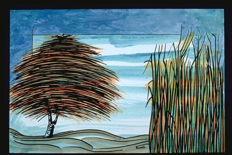 A sinistra grande albero; a destra un canneto (disegno) di Rossello, Mario (ultimo quarto sec. XX)