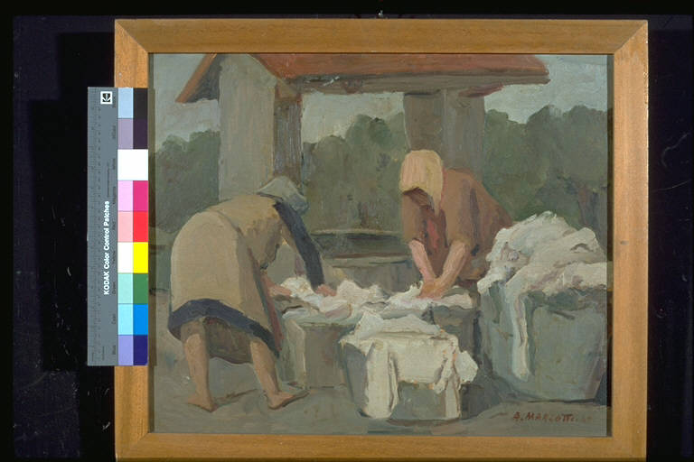 Lavandaie, Lavandaie al lavoro presso un pozzo (dipinto) di Margotti, Anacleto (secondo quarto sec. XX)