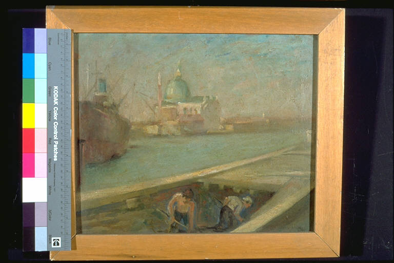 Scaricatori, Veduta di chiesa veneziana e scaricatori (dipinto) di Mascellani, Norma (secondo quarto sec. XX)