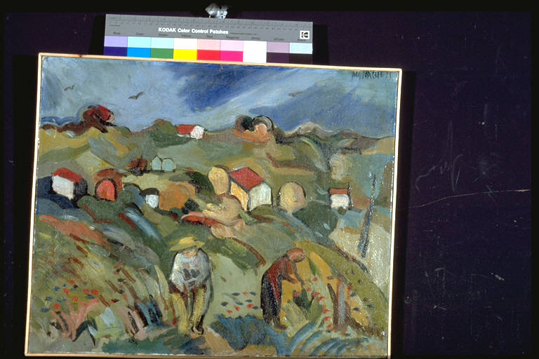 Lavoro nei campi, Paesaggio campestre con contadini (dipinto) di Monachesi, Sante (secondo quarto sec. XX)