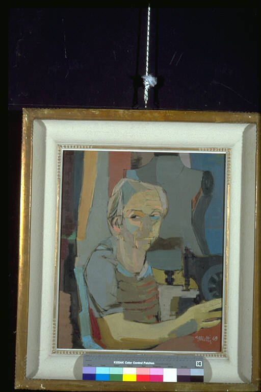 La vecchia sarta, Sarta al lavoro con macchina da cucire (dipinto) di Motti, Giuseppe (secondo quarto sec. XX)