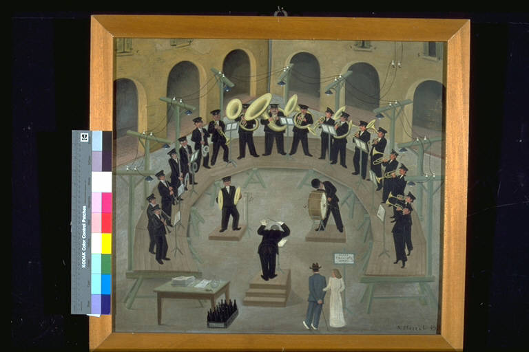 Artigiani bandisti, Concerto bandistico in una piazza (dipinto) di Mozzali, Andrea (secondo quarto sec. XX)