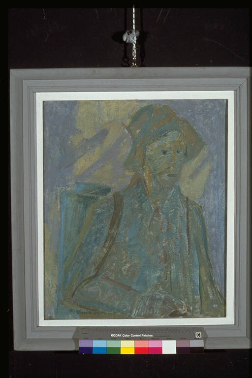 L'uomo e il verderame, Contadino con cappello e spruzzatore in spalla (dipinto) di Berzoini, Lino (secondo quarto sec. XX)