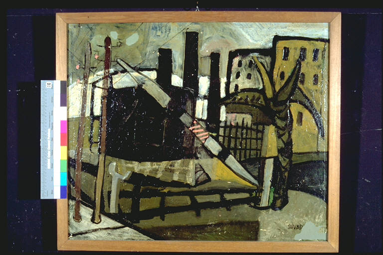 Il gasometro, Paesaggio industriale con di gasometro (dipinto) di Salvadori, Giulio (secondo quarto sec. XX)