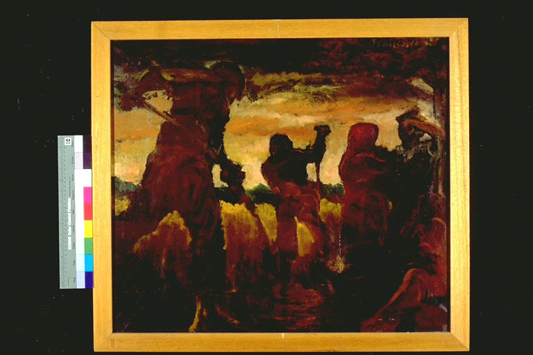 Studio per i falciatori, Contadini che falciano il grano (dipinto) di Francesconi, Giancarlo (terzo quarto sec. XX)