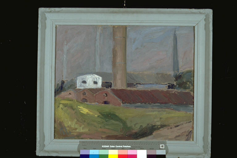 Paesaggio industriale, Capannone industriale (dipinto) di Poli, Ebe (secondo quarto sec. XX)