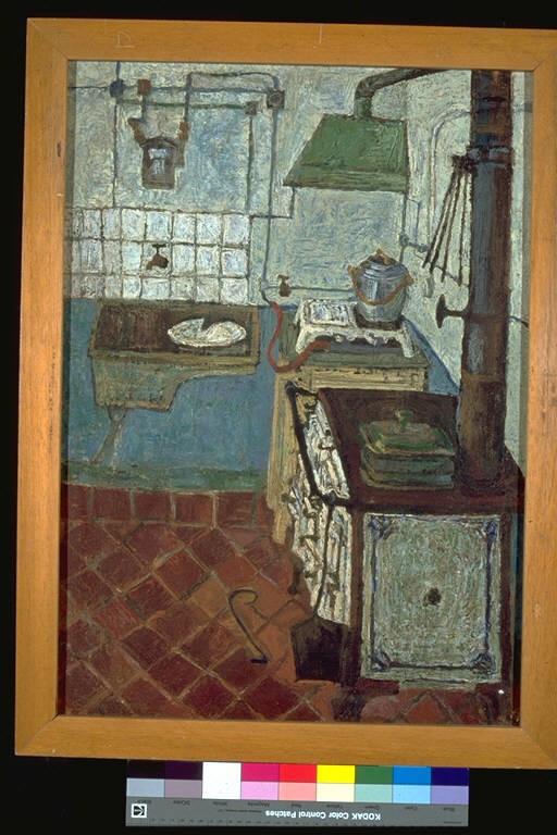 Cucina, Interno di cucina (dipinto) di Plescan, Pietro (terzo quarto sec. XX)