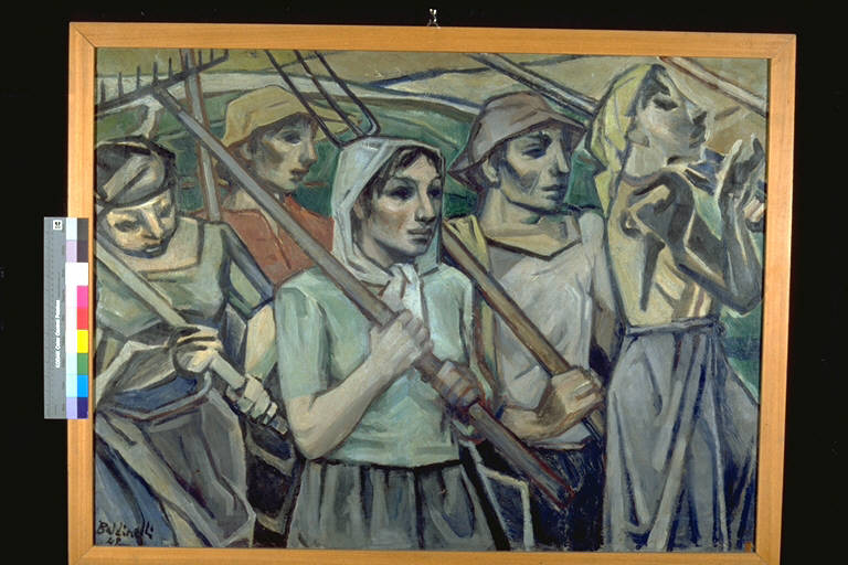 Ritorno dai campi, Gruppo di contadini con attrezzi in spalla (dipinto) di Baldinelli, Armando (secondo quarto sec. XX)