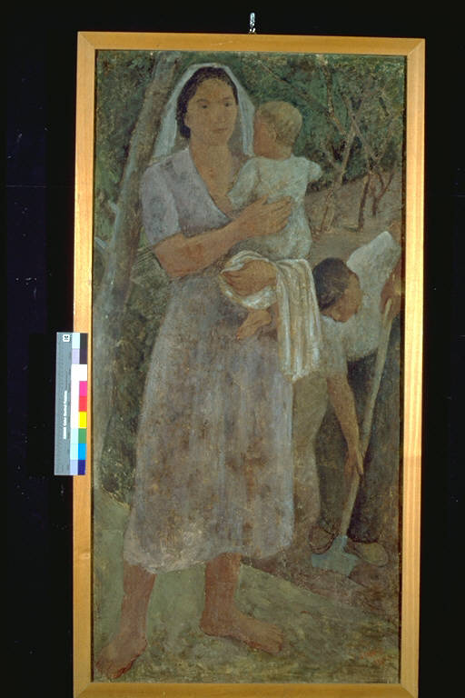 Vita nei campi, Figura femminile con bambino (dipinto) di Girosi, Franco (terzo quarto sec. XX)