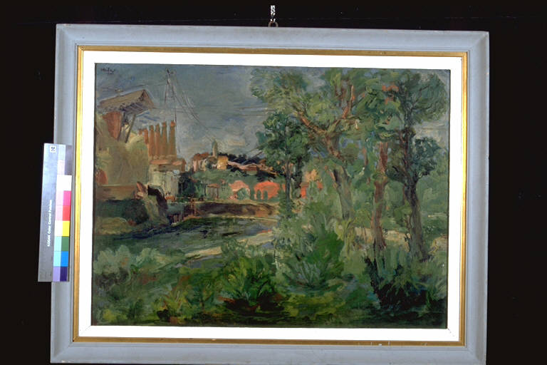 Fabbriche sul fiume, Fabbriche sul fiume (dipinto) di Milesi, Giuseppe (terzo quarto sec. XX)