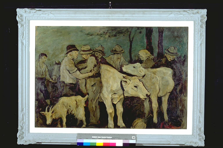 Mediatori, Mercato di bestiame (dipinto) di Salvetti, Ettore (terzo quarto sec. XX)