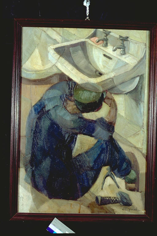 L'idraulico, Idraulico al lavoro (dipinto) di Iliprandi, Giancarlo (terzo quarto sec. XX)