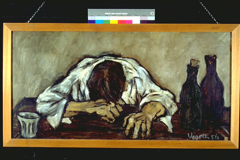 Uomo al tavolo, Figura maschile con tavolo e bottiglie (dipinto) di Uggetti, M.L. (terzo quarto sec. XX)
