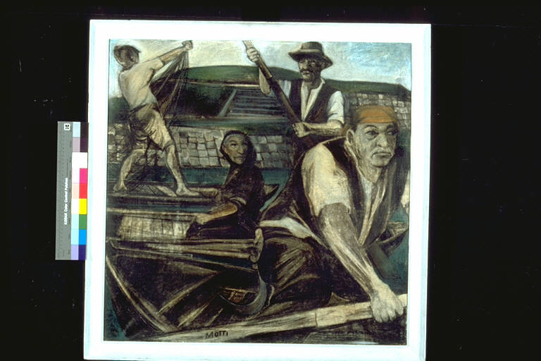 Gente del Po, Pescatori al lavoro sul Po (dipinto) di Motti, Giuseppe (terzo quarto sec. XX)
