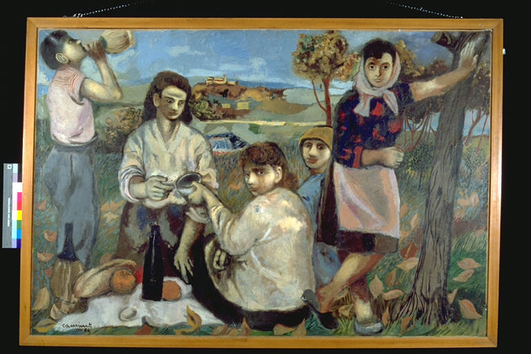 Una merenda contadinesca, Merenda tra i contadini (dipinto) di Caminati, Aurelio (terzo quarto sec. XX)