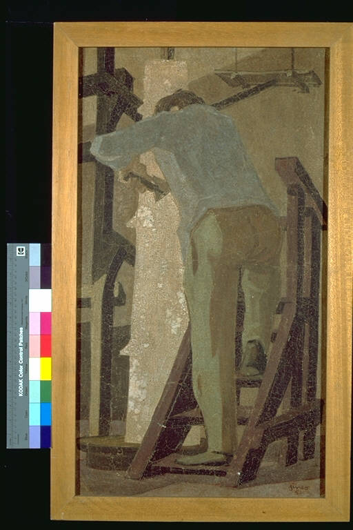 Torniante di isolatori, Un uomo, di spalle ed appoggiato ad una scala, mentre lavora al tornio (dipinto) di Geminiani, Sineo (terzo quarto sec. XX)