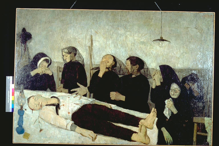 Pietà per il bracciante assassinato, Sette donne velate, vestite di nero, piangenti, accanto al cadavere di un uomo, con evidenti ferite (dipinto) di Ruffini, Giulio (terzo quarto sec. XX)