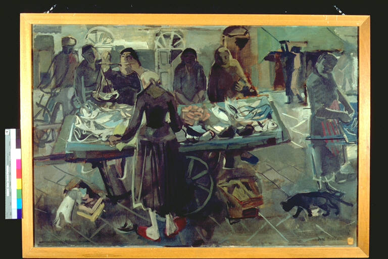 Il carretto del pesce, Scena di mercato in piazza, con bancarella del pesce e donne attrno ad esso (dipinto) di Bellotti, Dina (terzo quarto sec. XX)