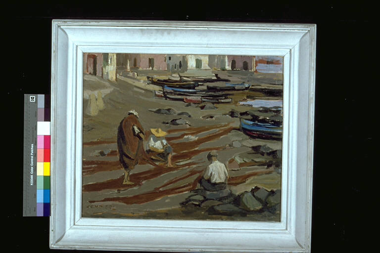 Pescatori ad Aci Trezza, Tre pescatori sulla riva del mare preparano le reti (dipinto) di Tampieri, Giuseppe (terzo quarto sec. XX)