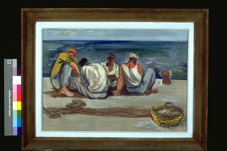 Pescatori, Quattro figure maschili sedute in riva al mare (dipinto) di Tettamanti, Ampelio (terzo quarto sec. XX)