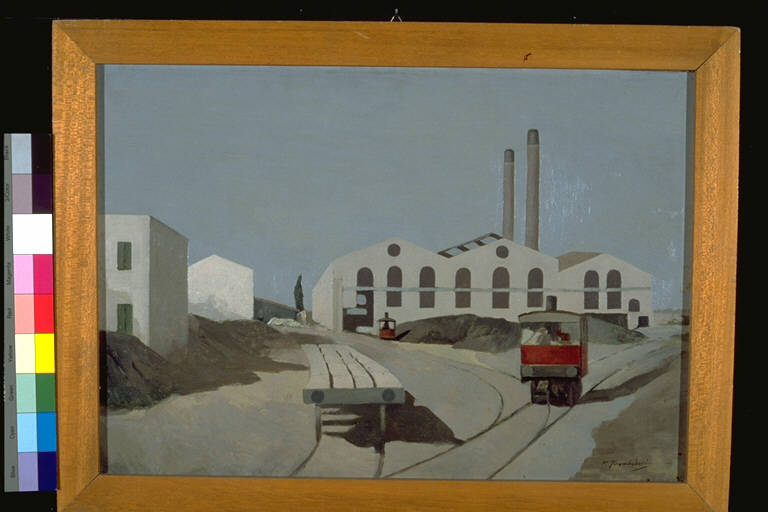 Domenica in cantiere, Veduta di un cantiere industriale (dipinto) di Trombadori, Francesco (terzo quarto sec. XX)