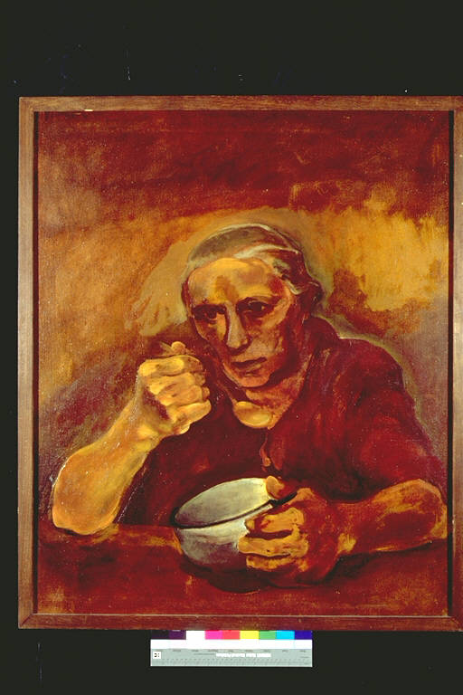 Contadina che mangia, Figura femminile, a mezzo busto, mentre mangia da una scodella con un cucchiaio (dipinto) di Francese, Franco (terzo quarto sec. XX)