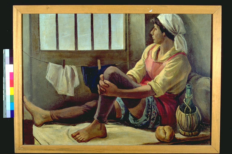 Sosta, Giovane donna seduta con una gamba piegata, abbigliata da mondina, mentre guarda fuori dalla finestra (dipinto) di Tettamanti, Ampelio (terzo quarto sec. XX)