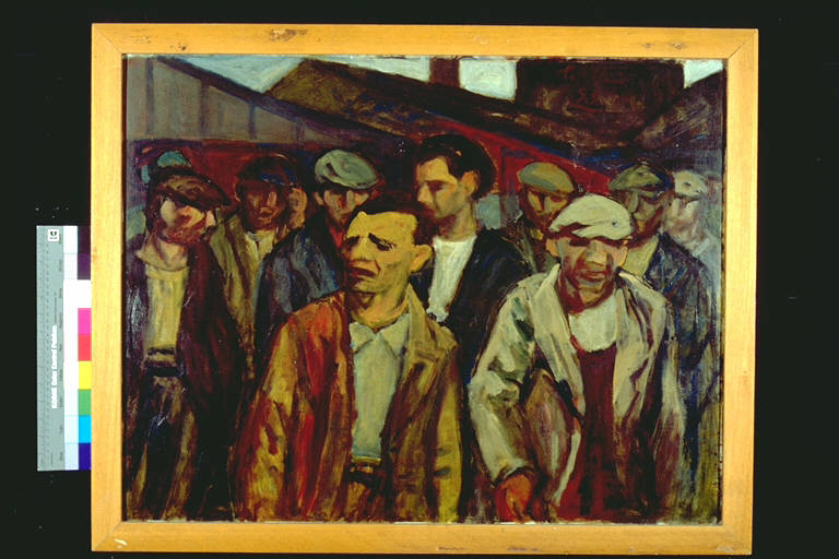I licenziati, Gruppo di operai all'uscita da una fabbrica (dipinto) di Castellani, Ugo (terzo quarto sec. XX)