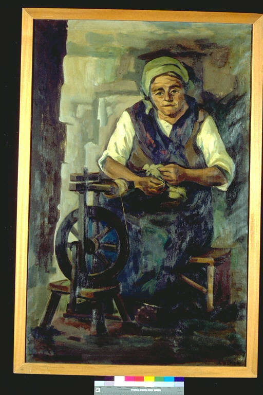 Filatrice, Donna anziana seduta in atto di filare (dipinto) di Alfieri, Attilio (terzo quarto sec. XX)