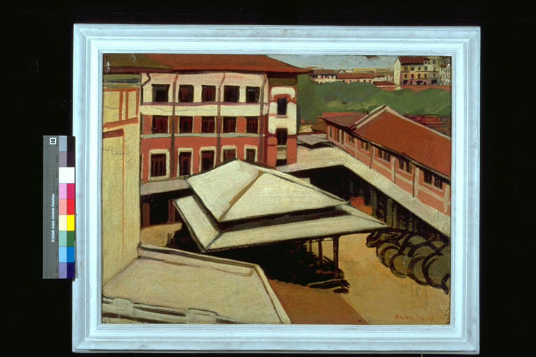 L'azienda elettrica, Veduta dall'alto di edifici industriali (dipinto) di Brizzi, Aldo (terzo quarto sec. XX)