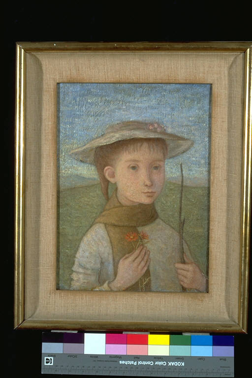 Pastorella, Ritratto di fanciulla con cappello, fiori e rametto (dipinto) di Caldirola, Luisa (terzo quarto sec. XX)