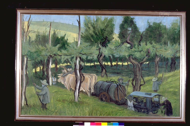 Acqua alle viti, In un paesaggio campestre, contadini irrigano la vite Al centro, coppia di buoi trascina una botte e un carro (dipinto) di Cavicchioni, Vittorio (terzo quarto sec. XX)