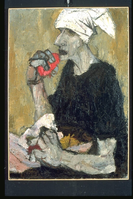 Vecchia che mangia, Anziana seduta mentre porta cibo alla bocca (dipinto) di Vaglieri, Tino (terzo quarto sec. XX)