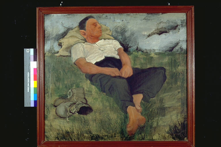 Riposo, Figura maschile distesa, dormiente (dipinto) di Cazzaniga, Giancarlo (terzo quarto sec. XX)