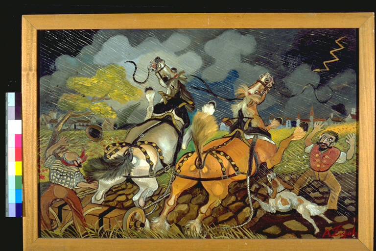 Cavalli all'aratro, Due cavalli imbizzarriti, con accanto due uomini ed un cane, nel bel mezzo di un temporale (dipinto) di Ligabue, Antonio (terzo quarto sec. XX)